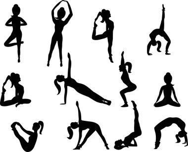 Yoga pozisyonları seti. Yoga pozisyonunda bir kadının siluetleri