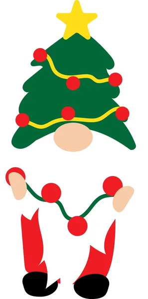 Χριστουγεννιάτικο ξωτικό σε πράσινο καπέλο με γιρλάντα. Αστείοι χαρακτήρες για χριστουγεννιάτικα στολίδια — Διανυσματικό Αρχείο