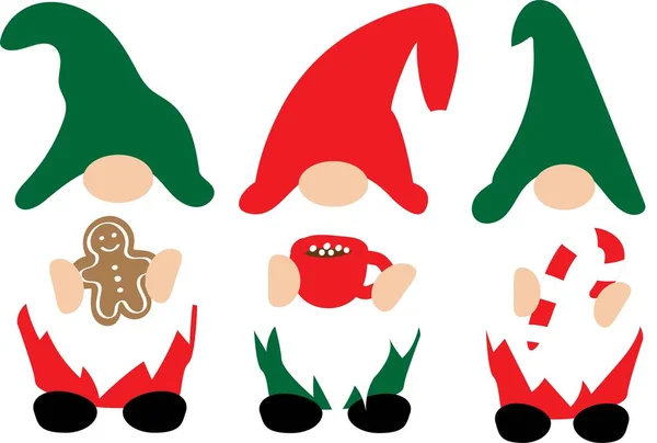 Χριστουγεννιάτικα ξωτικά σε κόκκινα, πράσινα καπέλα με χριστουγεννιάτικες διακοσμήσεις — Διανυσματικό Αρχείο
