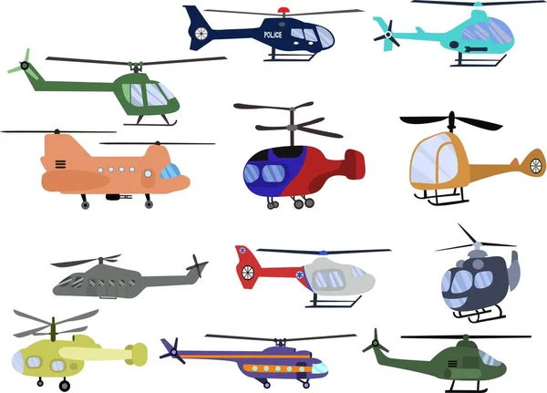 Conjunto de helicópteros. Diferentes tipos de aeronaves ilustração — Vetor de Stock