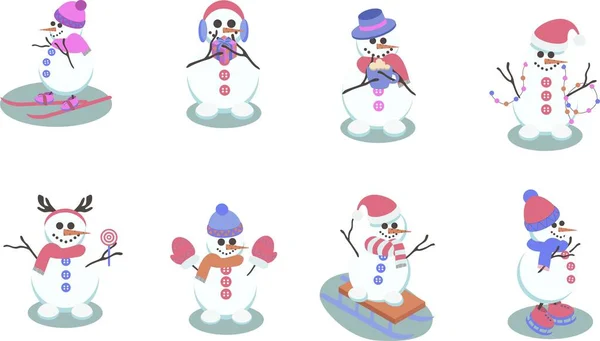Conjunto de muñeco de nieve de dibujos animados carácter de Navidad de invierno — Vector de stock