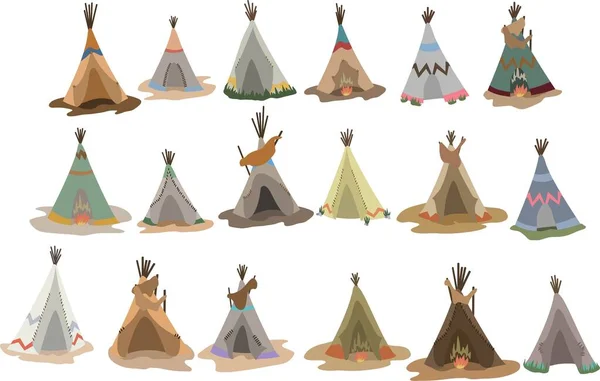 Conjunto de tipis nativos americanos con decoración tradicional india — Vector de stock