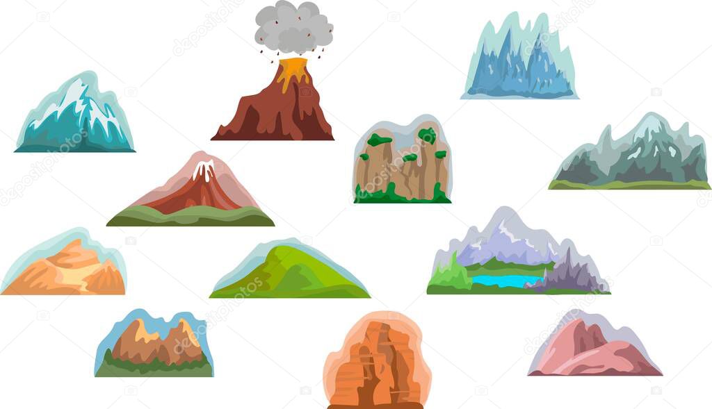 Set of mountain elements. Outdoor icon. Hand drawn snow ice mountain tops
