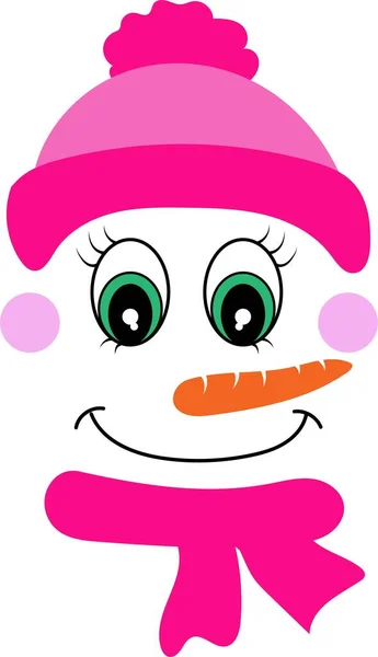 Schneemädchen Gesicht Ikone. Niedliches Schneemädchen mit rosa Hut große Augen, Karottennase — Stockvektor