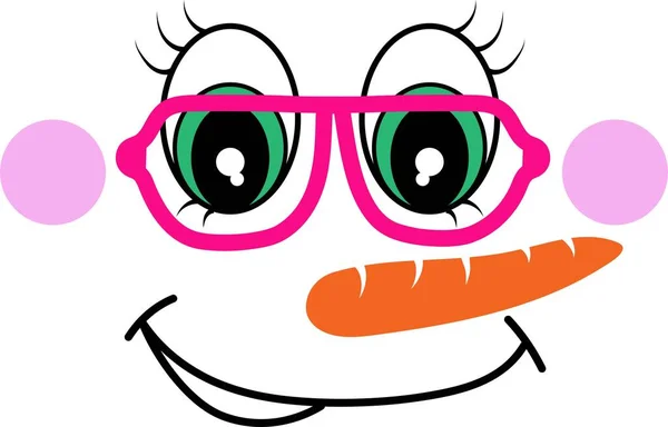 Икона лица Снегурочки. Милая снеговик девушка в очках большие глаза, морковный нос — стоковый вектор