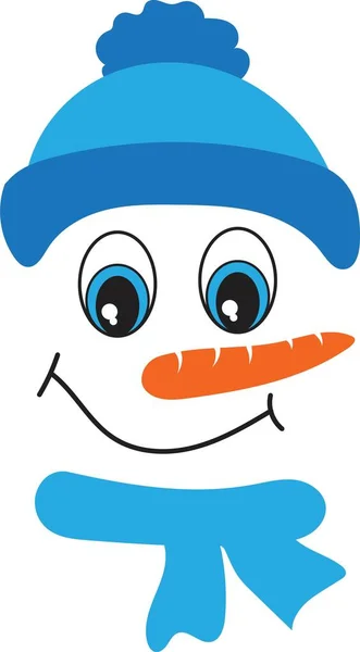 Schneemanngesicht Ikone. Lustiger Schneemann mit blauem Hut große Augen, Karottennase. — Stockvektor