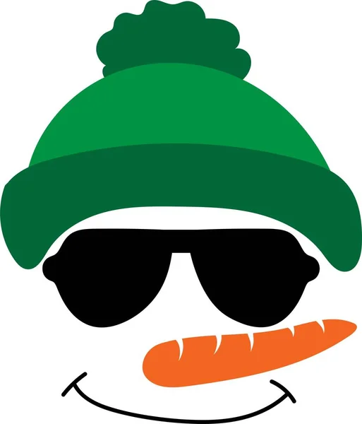 Icono de cara muñeco de nieve. Muñeco de nieve divertido en sombrero verde ojos grandes, nariz de zanahoria. — Archivo Imágenes Vectoriales