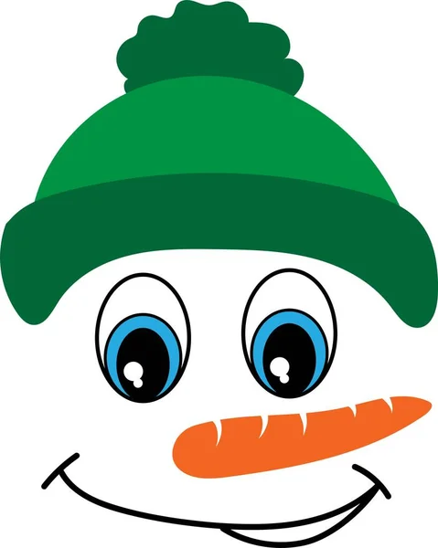 Schneemanngesicht Ikone. Lustiger Schneemann mit grünem Hut große Augen, Karottennase. — Stockvektor