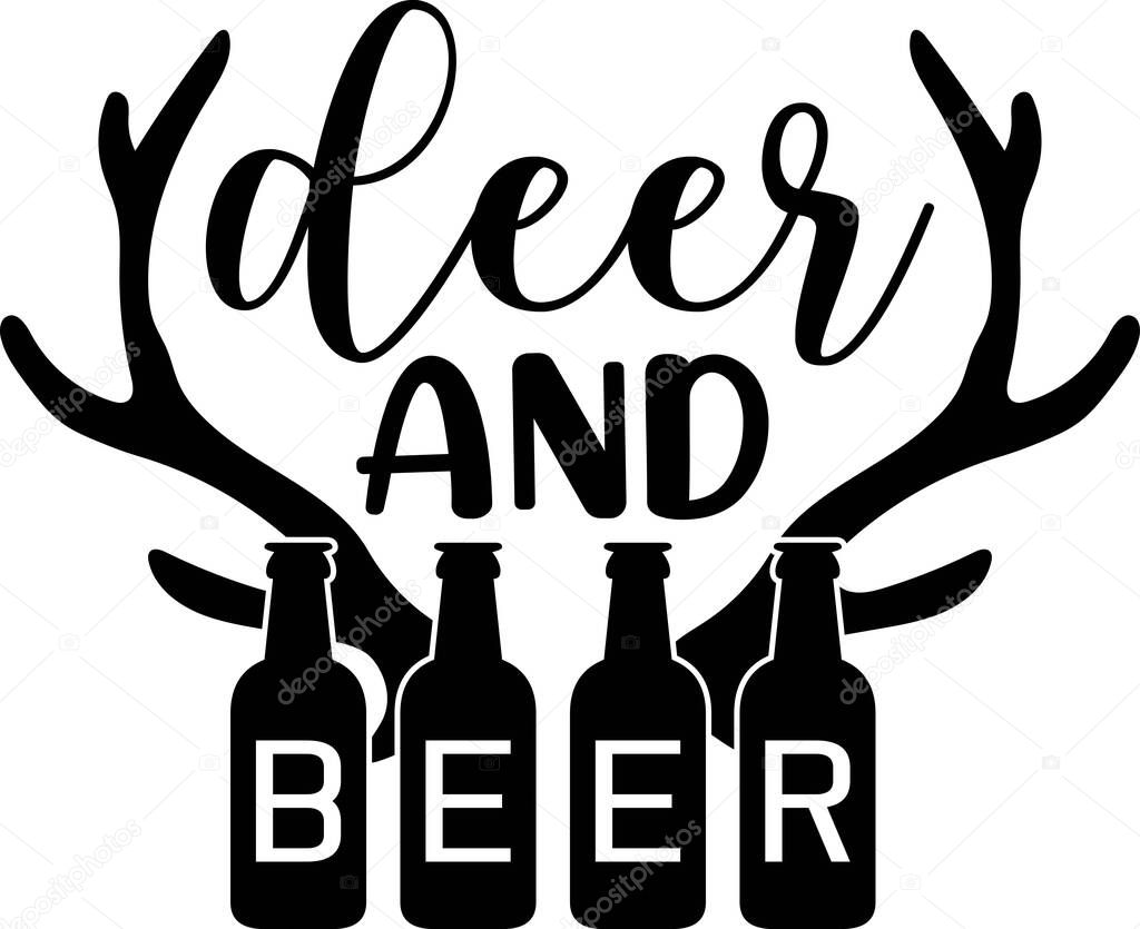 Illustration of Horns with text Deer and beer, sticker, tshirt printvector illustration. Quote to design greeting card, poster, banner, vector illustration.