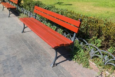 Sokağın dışındaki yaz parkında boş bir bank. Şehir geçmişi. Dinlenme ve rahatlama