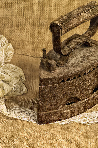 sewing ribbons  iron, stylized image of an old, toned