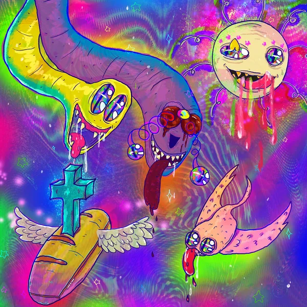 Illustration Acide Avec Caractères Image Multicolore Arc Ciel Oiseau Soleil — Photo