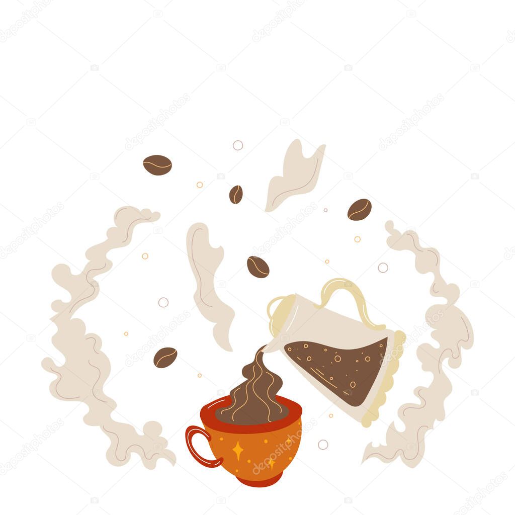 Hand drawn conceptual illustration pouring coffe into a mug. Coffee shop poster.