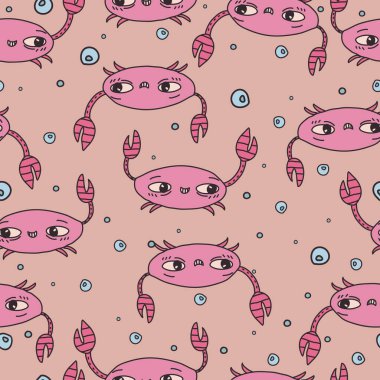 Yengeç ve baloncuk desenli çizgi film. Vektör illüstrasyonu.