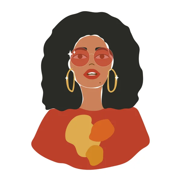 Illustration vectorielle colorée de la femme hippie afro-américaine aux lunettes de soleil rouges isolées du fond blanc. — Image vectorielle