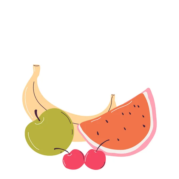 Ilustração vetorial com frutas orgânicas frescas isoladas sobre fundo branco. Comida saudável. Conjunto de frutas vegetarianas. —  Vetores de Stock