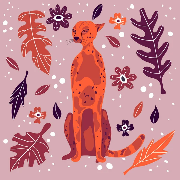 Cute cheetah hand drawn flat vector illustration. Funny exotic animal with leaves and flowers isolated. — Stock Vector