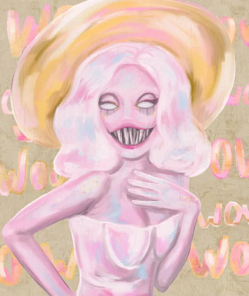 Modna ilustracja dziewczyny w kapeluszu w różowych kolorach. Potwór dziewczyna. — Zdjęcie stockowe