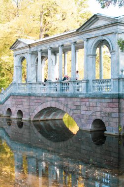 Parktaki mavi göldeki sonbahar ormanının yansıması. 