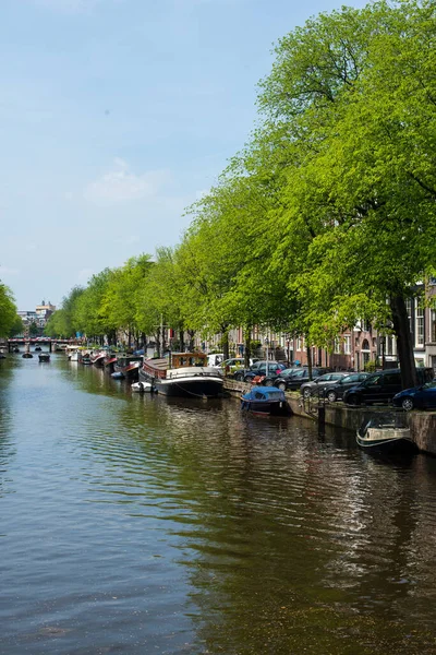 Domy Kanałowe Mosty Kanały Amsterdamie — Zdjęcie stockowe