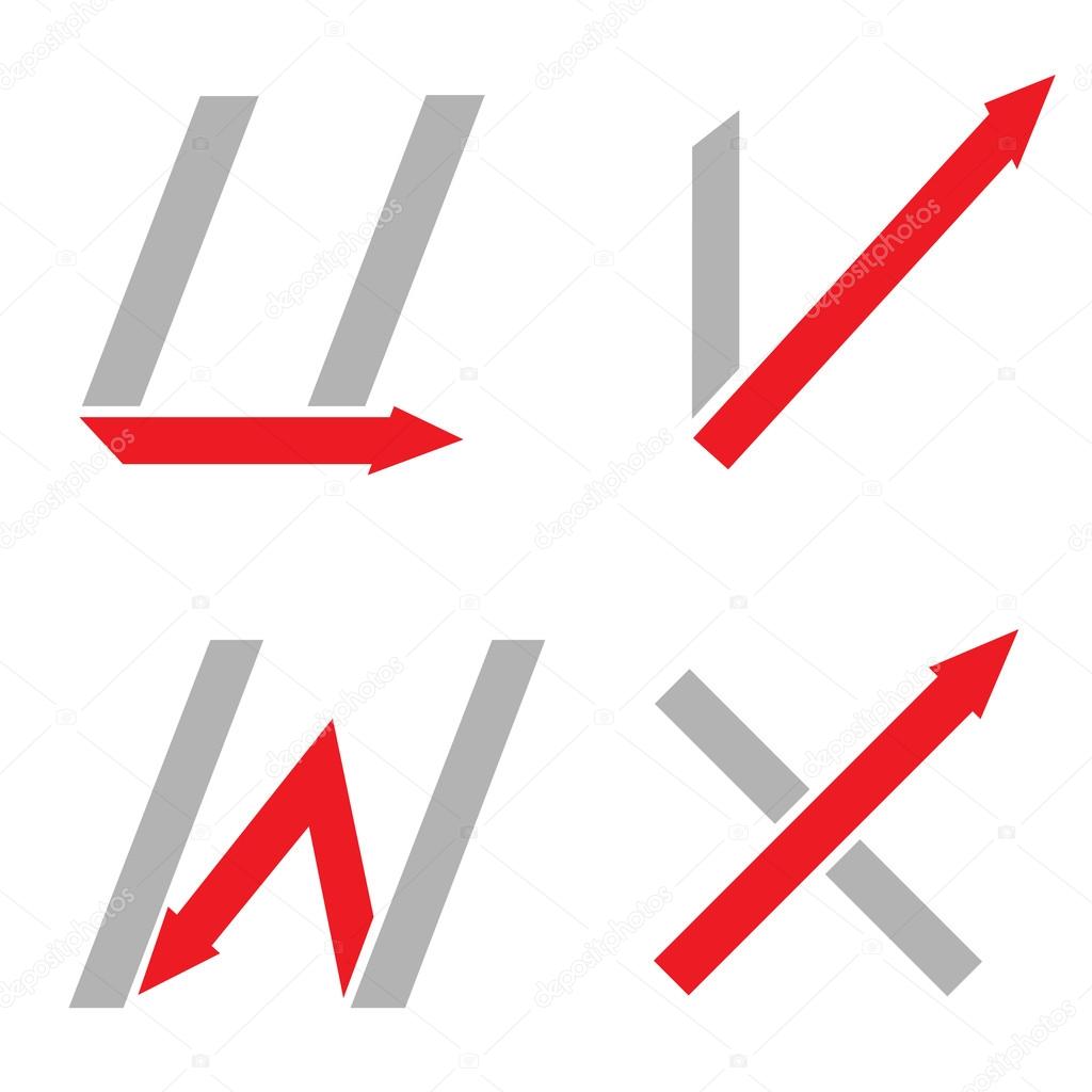 Grey U V W X letters with red arrows. Logo sign set, Motion concept