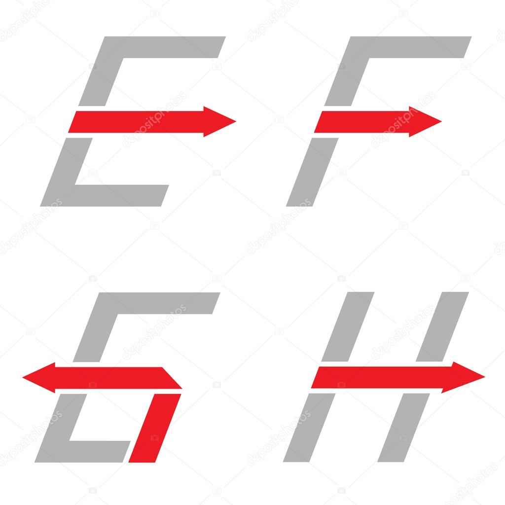 Grey E F G H letters with red arrows. Logo sign set, Motion concept