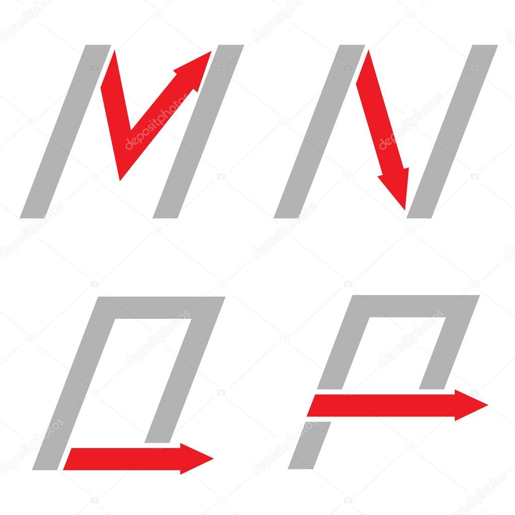 Grey M N O P letters with red arrows. Logo sign set, Motion concept