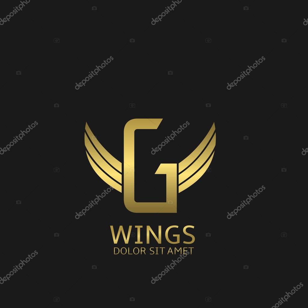 Golden G letter logo template with golden wings