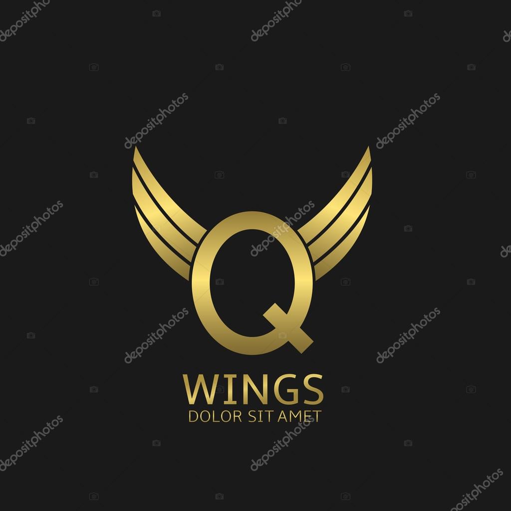 Golden Q letter logo template with golden wings