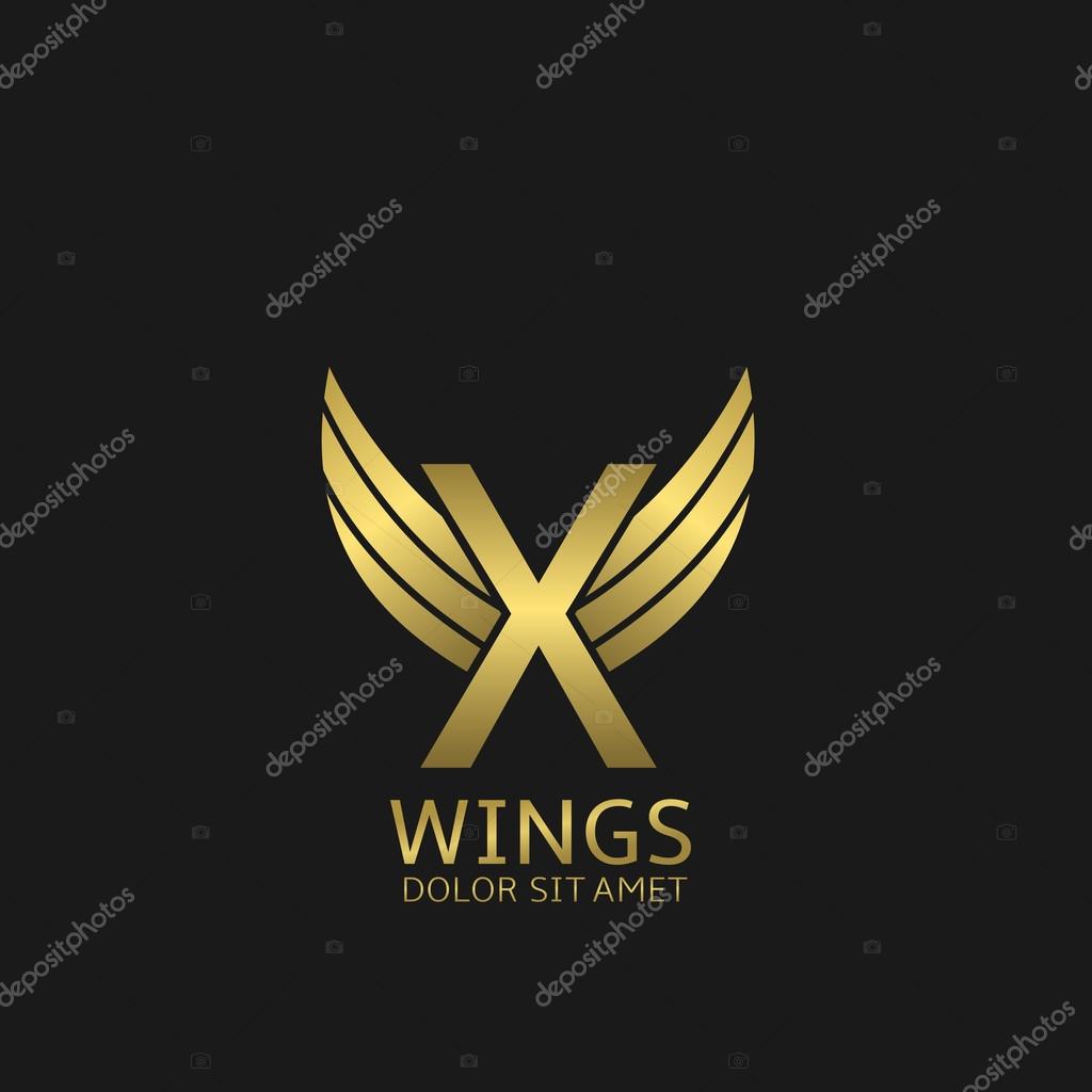 Golden X letter logo template with golden wings