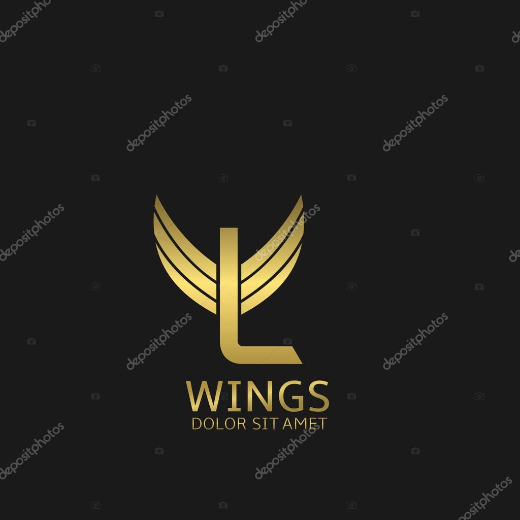 Golden L letter logo template with golden wings