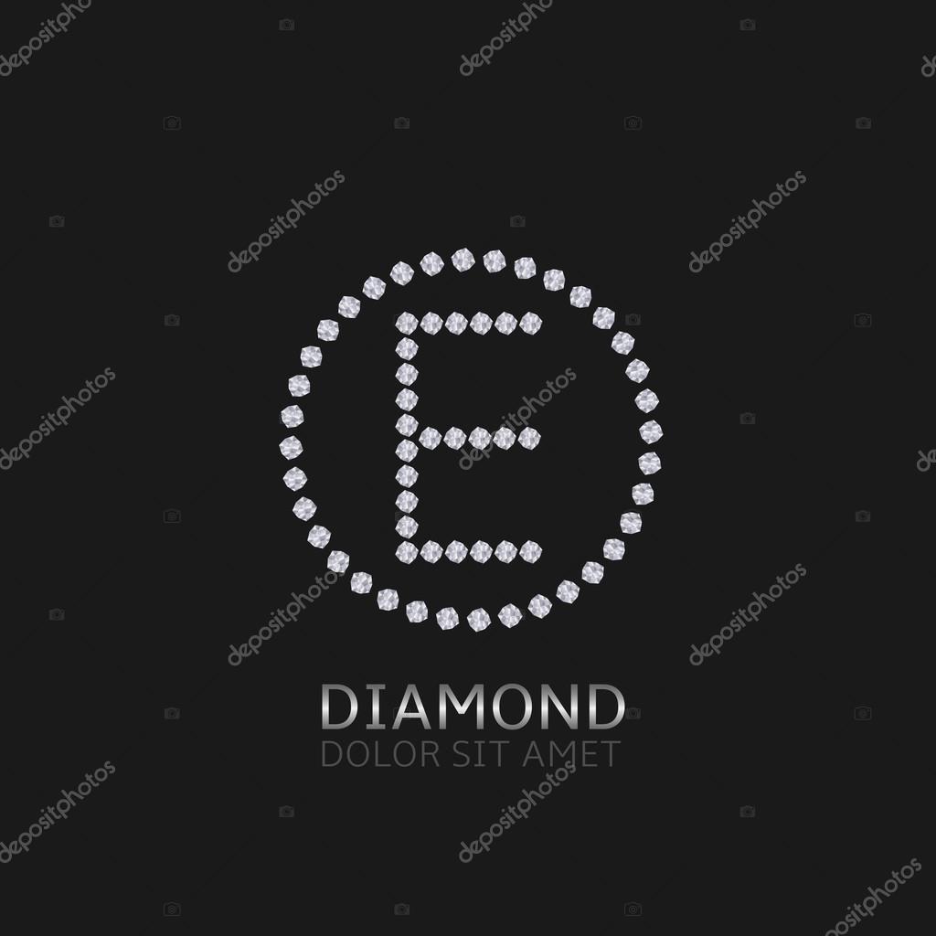 E Letter with diamonds. Expensive, presious symbol. Luxury logo