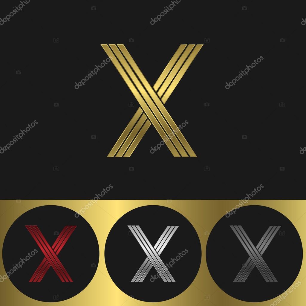 X Letter logo. Metal business emblem. Golden silver red and black colors