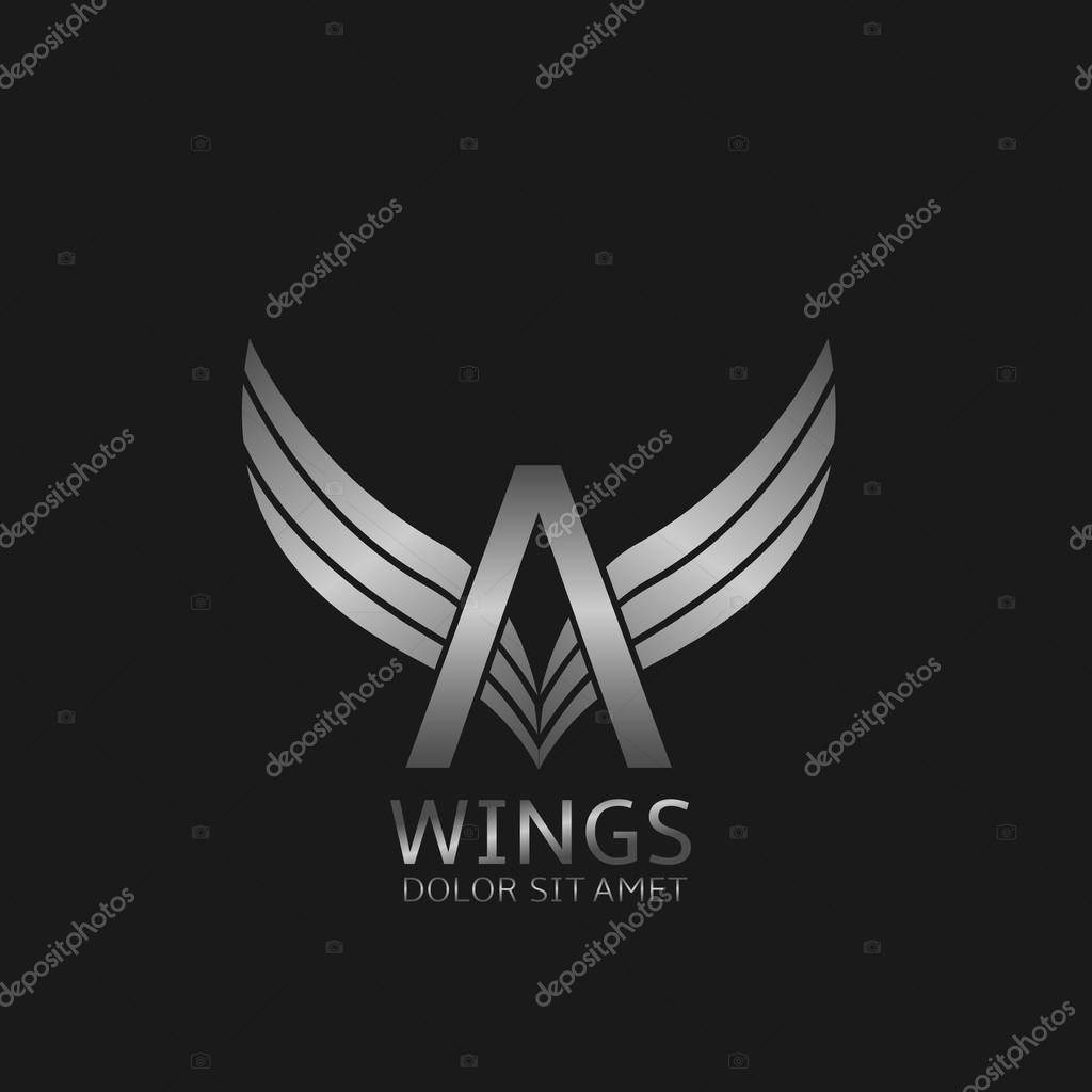 A letter logo. Silver wings symbol. Silver A letter logo template for air company