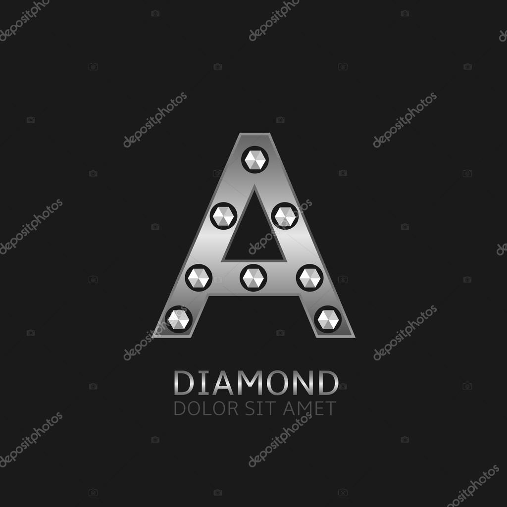 Silver A letter with diamonds. Luxury symbol, Vector illustration