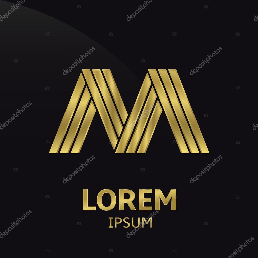Vector golden alphabet. Letter M, symbol for your company