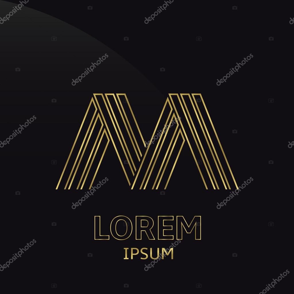 Vector golden alphabet. Letter M, symbol for your company