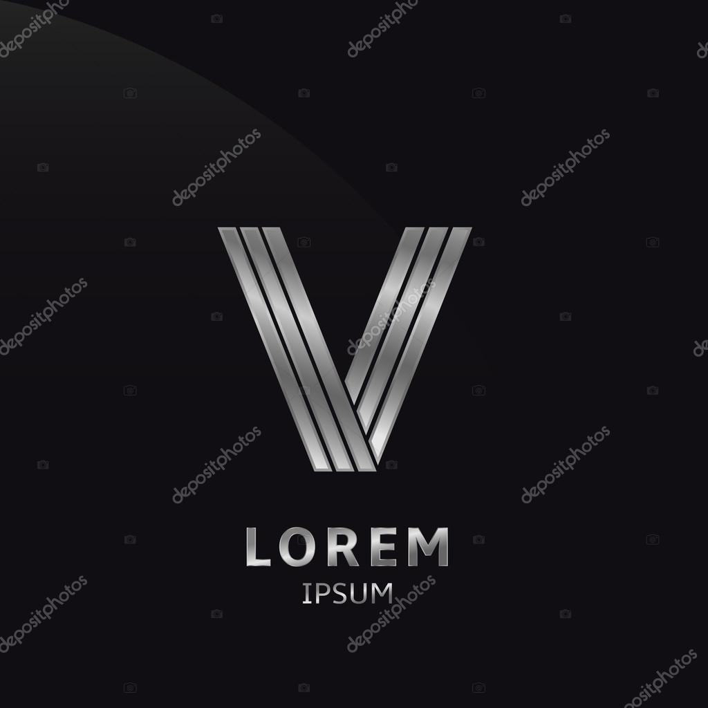 Vector silver metallic letter V logo, metal alphabet
