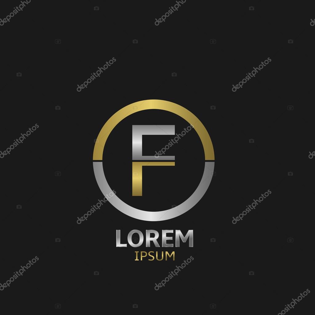 Letter F with golden and silver parts. Vector illustration.