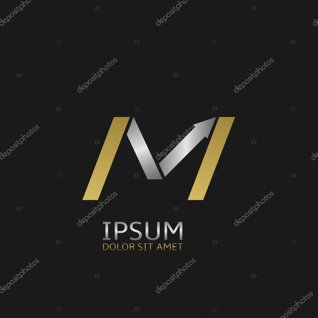 Golden Letter M logo template with silver arrow