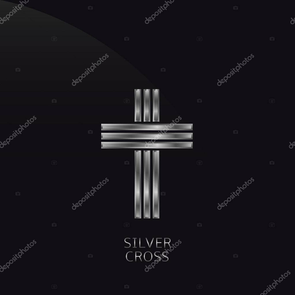 Silver metal cross. Religion power luxury concept symbol or logo template