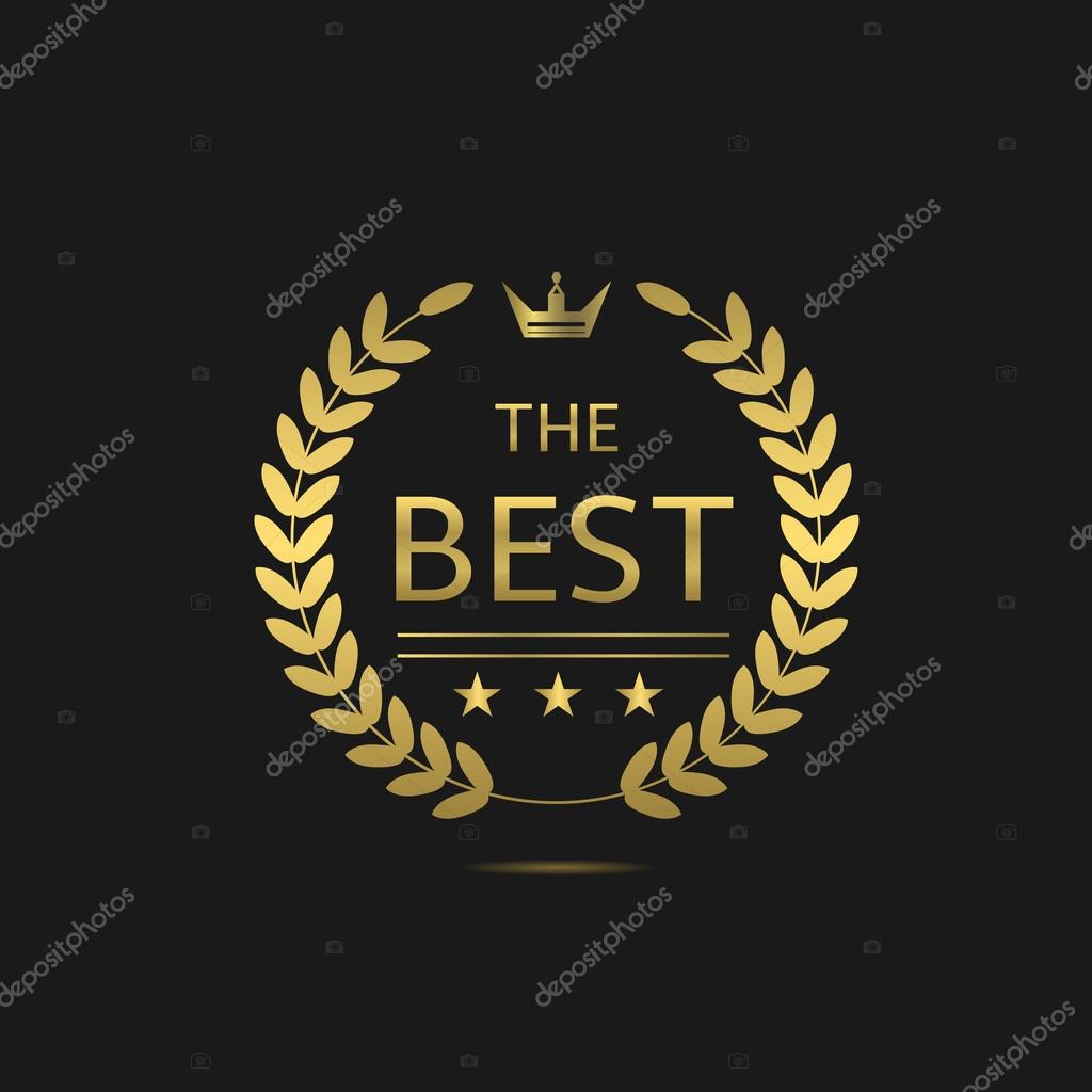The Best award label. Golden laurel wreath with crown symbol