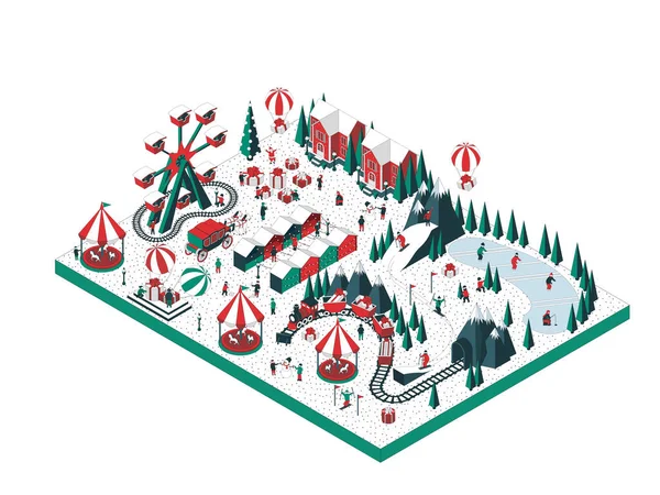Векторная Изометрическая Иллюстрация Тему Зимнего Праздника Люди Катаются Лыжах Катаются — стоковый вектор