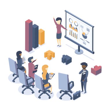 İzometrik vektör çizimi. İş eğitimi kavramı. Şirket eğitimi. Çalışanlar için seminer. İstatistiklerin analizi. Bilgilendirme. 