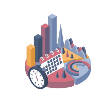 İzometrik vektör çizimi. İş ögeleri, bilgi grafikleri ve diyagramlar kümesi.