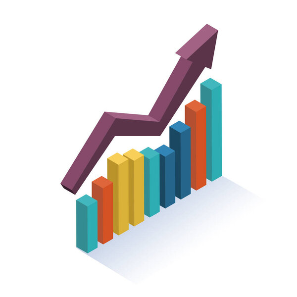 Изометрический дизайн. Инфографический векторный элемент. Колонны со стрелкой.