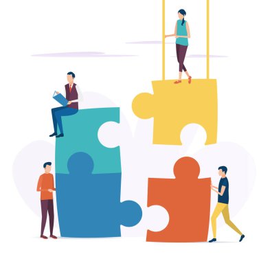 İş dünyası takım çalışması kavramı. İş sorunları çözümleri. Bulmacanın kooperatif çözümü. Düz biçimli vektör illüstrasyonu.