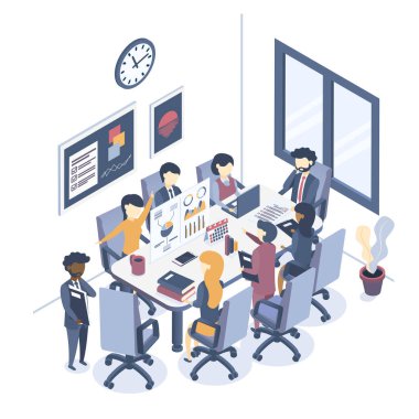 İzometrik vektör çizimi. İş toplantısı konsepti. İş projeleri, piyasa analizleri. İş adamlarının grup çalışması.