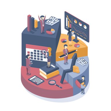İzometrik vektör çizimi. İş konsepti danışmanlık hizmetleri, analiz ve iş istatistikleri. İş geliştirmenin bilgi grafikleri. Isometric tasarımı.
