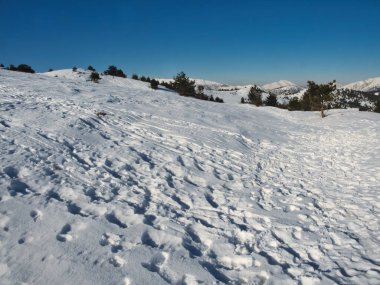 Liguria dağlarında kar ve arka planda güzel güneşli bir günde gökyüzü masmavi. 